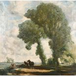 John Charles Moody (1884-1962) A barge with horses on a towpath in an extensive landscape, oil on