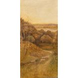 H. Rollin (circa. 1910) Sheep grazing on a hillside at dusk, oil on canvas, signed 24" x 12", (
