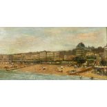 19th/20th century, figures on a beach with classical buildings beyond, oil on board, 6" x 12".