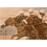 Claire Eva Burton (b. 1955) A scene of three horses and their jockeys heading for a close finish,