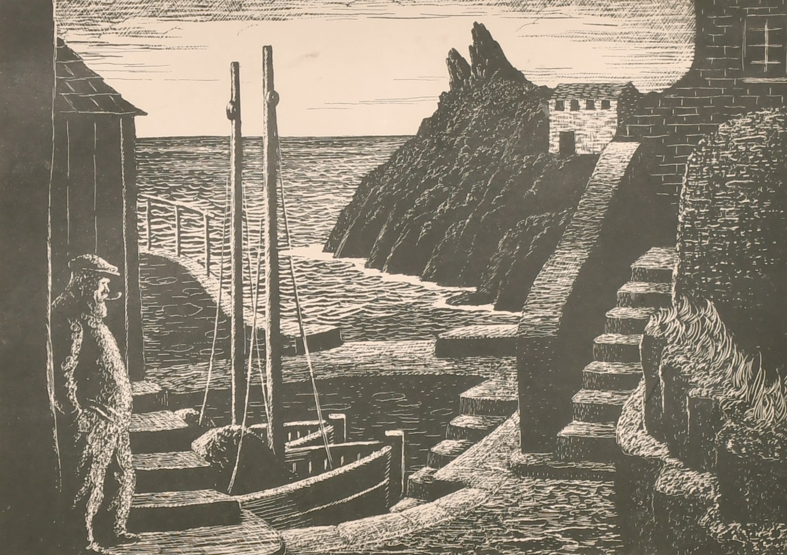 20th century, A woodblock print of a harbour scene, signed 'Morton' in pencil and inscribed 'Pol