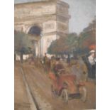 A. Patay (early 20th century), Figures and motorists on a busy boulevard with L'Arc de Triomphe