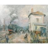 Roger Bertin (1915-2003) Train approaching a station in a French village, oil on canvas, signed, 24"