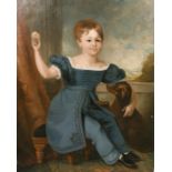 19th century British school, Portrait of a seated child with a dog and a landscape beyond, oil on