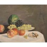 A. Collins 20th century, A still life of fruit on a table, oil on board, signed, 16" x 20".