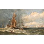 Circle of William Clarkson Stanfield, Shipping In heavy seas with a harbour entrance beyond, oil