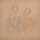 A 19th century pencil and watercolour study of two girls, 12" x 12".