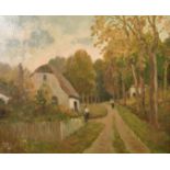 H. E. Lewis, woodland cottage, oil on board, signed with initials, 18" x 21.5".