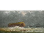 19th/20th century, three figures in a rowing boat off a headland, oil on canvas, 11" x 21".