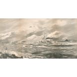 Early 20th century British school, A scene of a battleship leaving port accompanied by a flotilla,