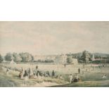 The cricket match, Tunbridge school, coloured print, in a maple frame, 19" x 31.5".