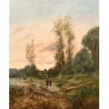 Late 19th century continental school, wayfarers approaching a village at dusk, oil on canvas,
