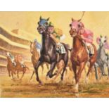 Jack Keay (b. 1907) American, A scene of Jockeys vying for the lead with a stadium in the