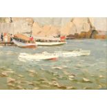 Piotr Soulimenko (b. 1914) 'Tourist Boats, Crimea' (painted 1950), oil on card, 9" x 15",