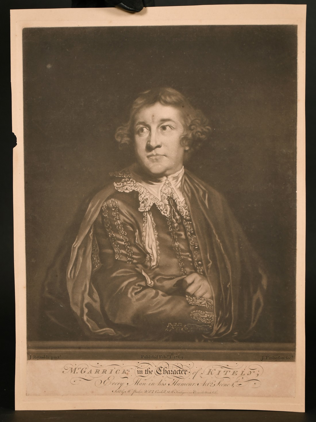 J Finlayson After Joshua Reynolds, 'Mr Garrick in the Character of Kitely', mezzotint, 15" x 10.75". - Image 2 of 3