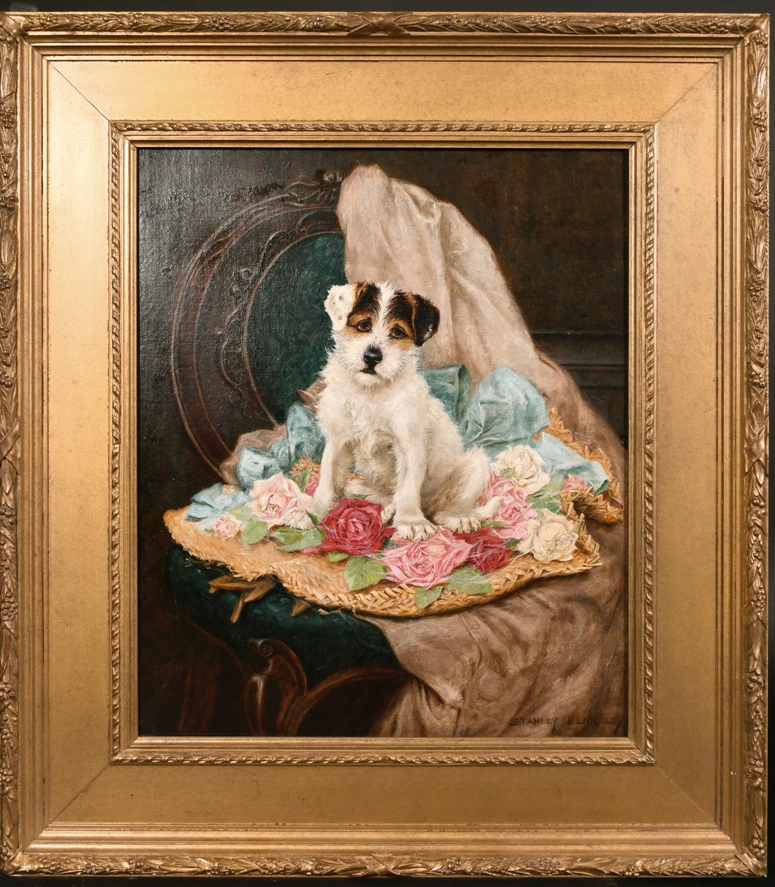 Stanley Barkeley (1855-1909) A portrait of a dog sat amongst roses, oil on canvas, signed, 21" x - Image 2 of 4