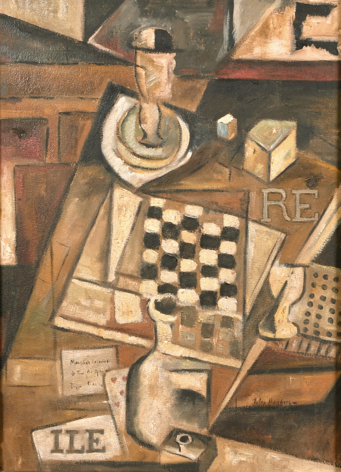 Manner of Juan Gris, A cubist still life, oil on panel, indistinctly signed, 24" x 17.5".