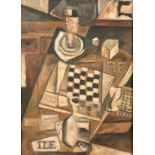 Manner of Juan Gris, A cubist still life, oil on panel, indistinctly signed, 24" x 17.5".