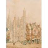 H. Schafer (1854-1915), 'Evreux, Normandy' figures in a busy city street, watercolour, signed and