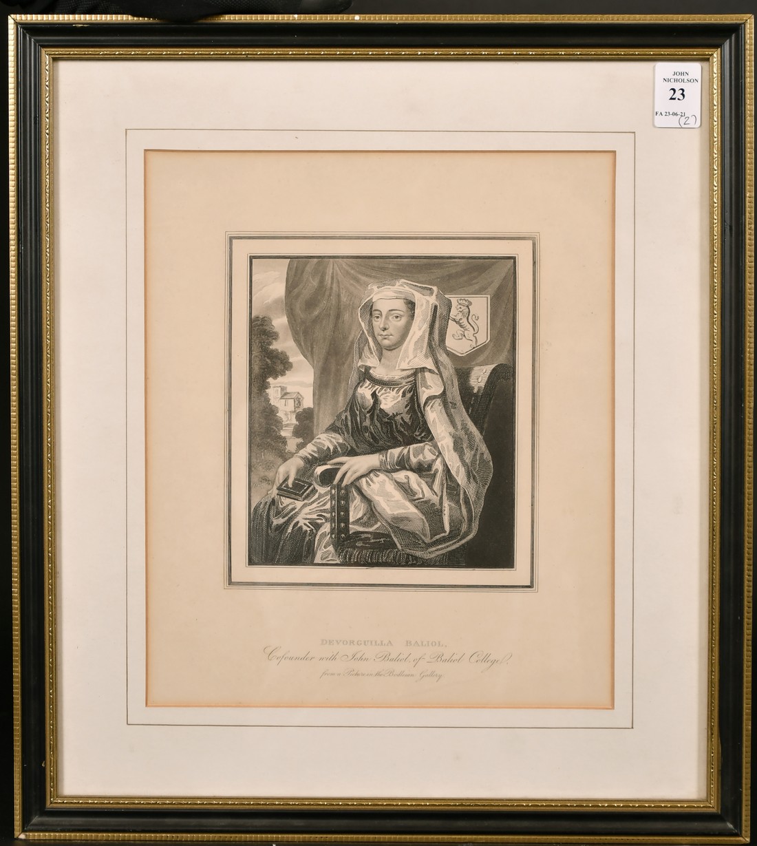 A pair of prints of John and Devorguilla Baliol, founders of Baliol College Oxford, 9" x 6". - Image 2 of 3