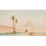 A pair of 19th century watercolours of Egyptian scenes with figures and camels before pyramids,
