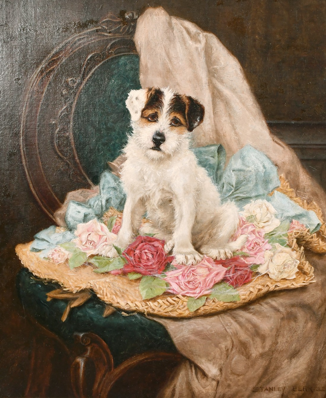 Stanley Barkeley (1855-1909) A portrait of a dog sat amongst roses, oil on canvas, signed, 21" x