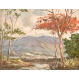 South East Asian School, A river landscape with mountains beyond, oil on canvas, bears signature