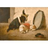 Continental school, A scene of dogs in novelty outfits resting by a tambourine, oil on mahogany