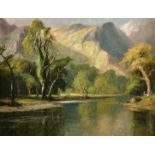 20th century English school, A mountain river landscape, oil on board, indistinctly signed, 14" x