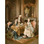 19th century Continental school, Figures in a lavish interior with a flirtatious couple, oil on