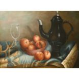 D. Hollis 20th century, A still life of mixed objects, oil on panel, 12" x 16"