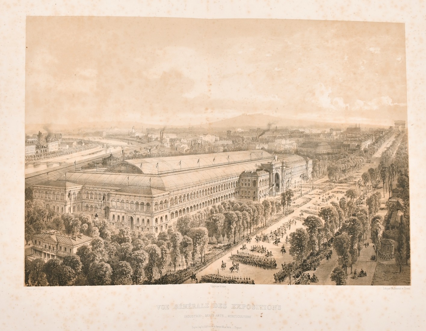 Benoist et Ciceri, 'Vue Generale des Expositions (Paris)', tinted lithograph, 13" x 18.5", (