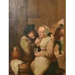 Manner of Teniers, an amorous couple in a tavern interior, oil on panel, 17.5" x 13".