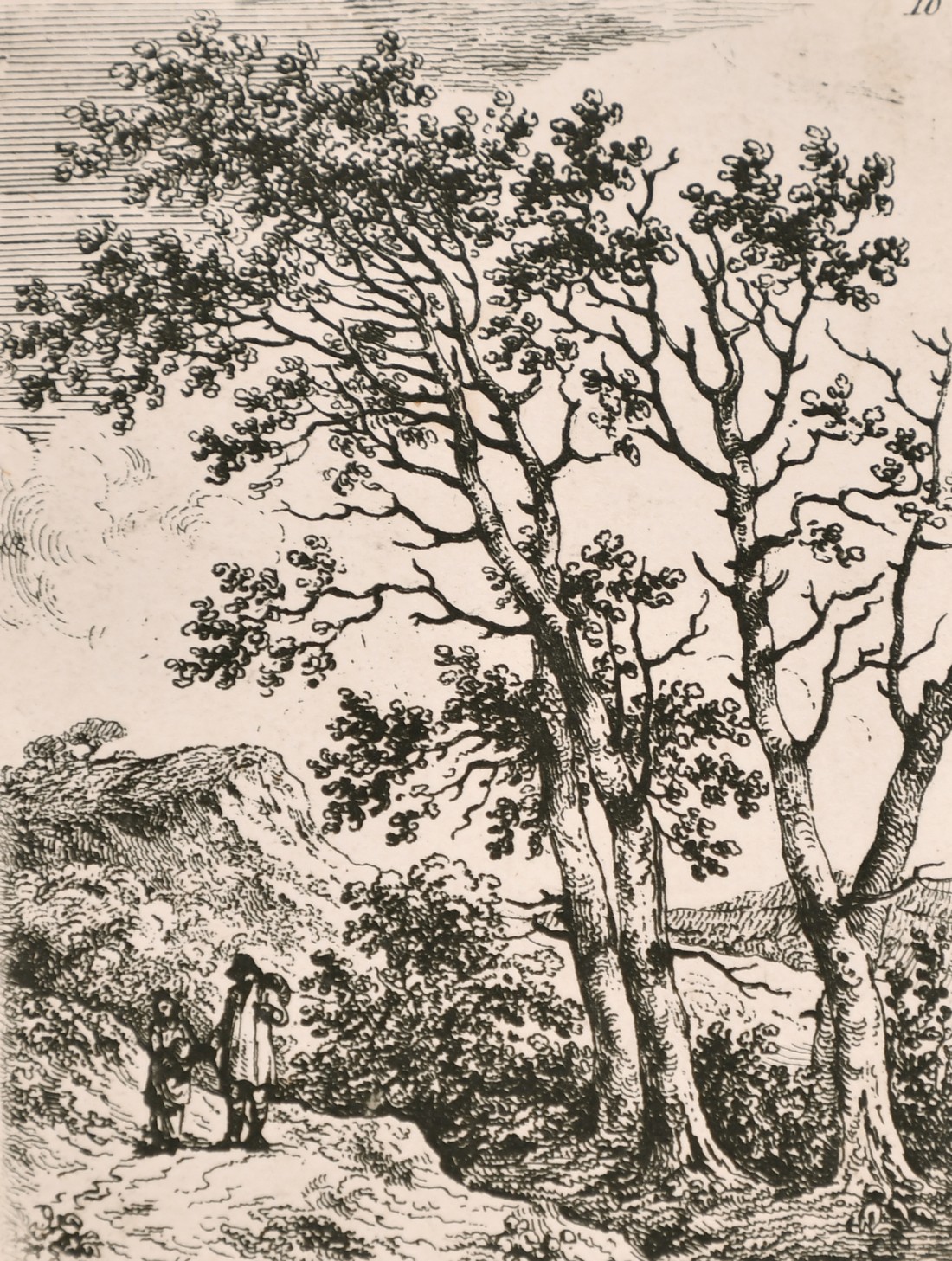 Circle of John Crome, two travellers in a wooded landscape, etching, numbered '10', 4.25" x 3.