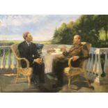 20th Century Russian School, Lenin and Gorky conversing on a terrace, oil on canvas, inscribed