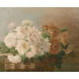 Early 20th century, A still life of flowers in a wicker basket, oil on canvas, 20" x 24".