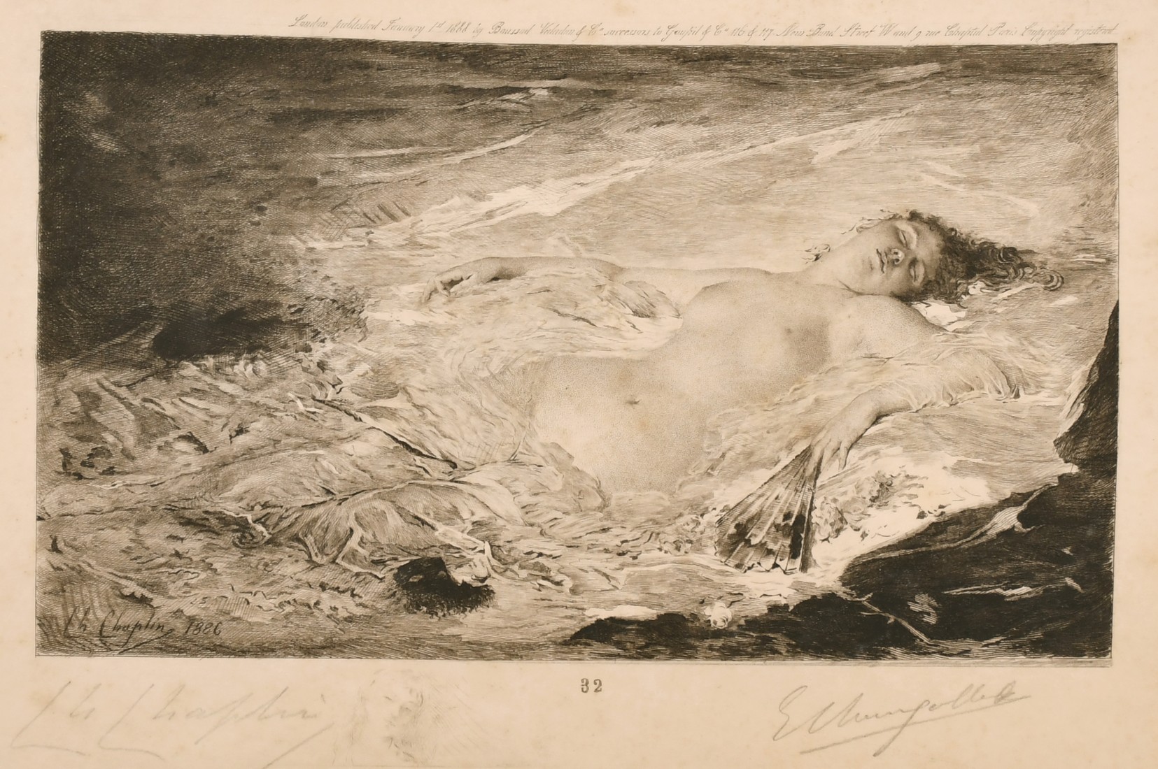 After Charles Chaplin, A reclining female nude, etching, signed in pencil and inscribed, 9" x 6".