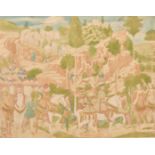 Two late 19th century medieval scenes with figures and horses in a convoy, tinted prints, both 11" x