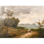 L. Duguet (c. 1911) A scene of a cart approaching a bay with sail boats and a headland beyond, oil
