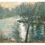 George Manchester (1922-1996) British, 'The Lake', oil on board, signed with initials with label