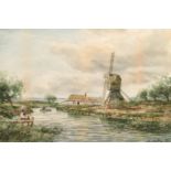 John Hamilton Glass (1820-1885) British, Figures by a river with a windmill and cottage,