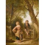 William Collins (1788-1847) British, 'The Stile', A scene of young figures by a gate with a