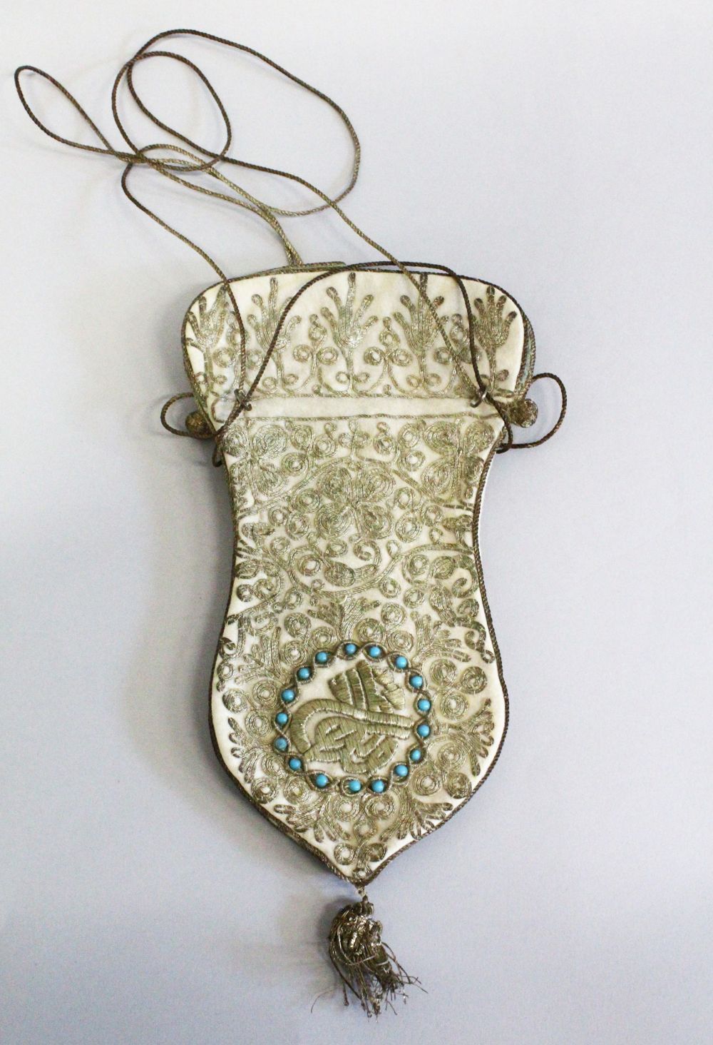 AN ALGERIAN / OTTOMAN GOLD THREAD EMBROIDERED PURSE / SMALL BAG, Circa 1900, with silk lining and