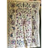 A FLORAL EMBROIDERED COTTON BEDSPREAD, 20th Century, Susani, 5ft x 2ft 4ins.