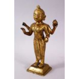 A 19TH / 20TH CENTURY INDIAN BRONZE FIGURE OF A DEITY, stood holding a vessel with plated hair, 20cm