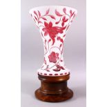 A LARGE DECORATIVE BOHEMIAN CUT GLASS FLORAL VASE, the large vase with floral decoration in pin