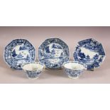 A TWO CHINESE BLUE & WHITE PORCELAIN TEA BOWLS & THREE SAUCERS - Each with similar landscape