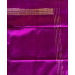 TWO SYRIAN GILT DECORATED PURPLE SILK SHAWLS, 20th Century, 7ft 3ins x 3ft 2ins.