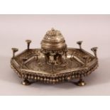 A FINE 19TH CENTURY INDIAN SILVER OCTAGONAL SHAPED SPICE BOX AND STAND, with double hinged cover and