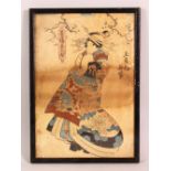 A JAPANESE PRINT depicting a robed figure, framed and glazed, 37cm x 26cm.